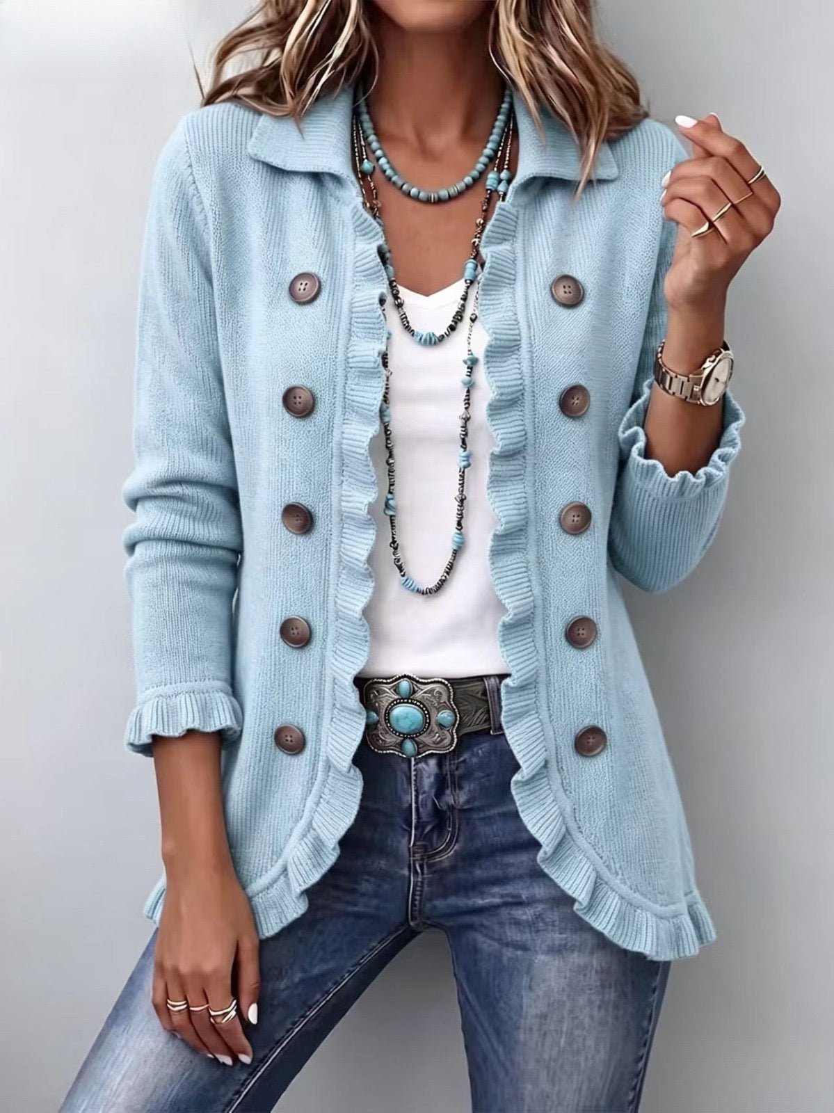 Iris™ | Veste en Maille Bleu Poudré avec Volants
