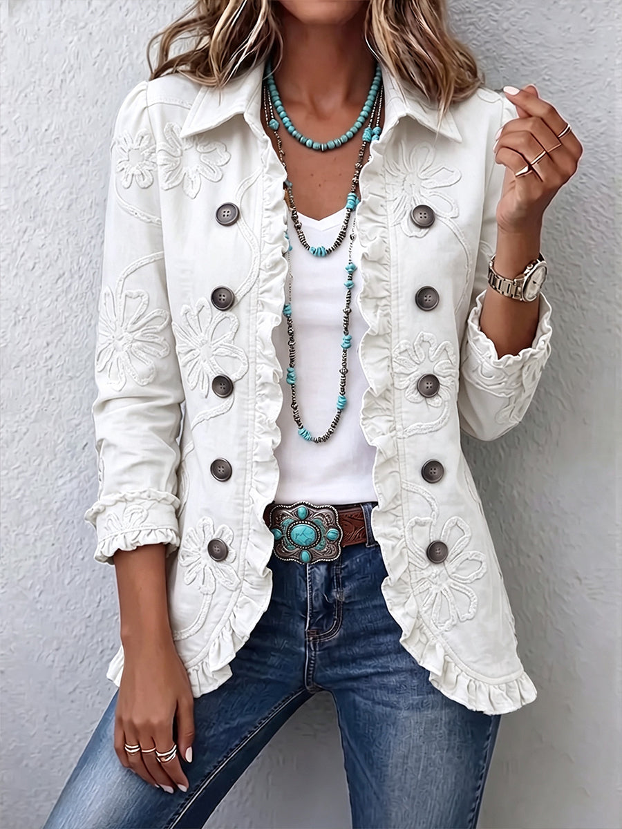 Gaëlle™ | Veste Brodée Ivoire avec Volants