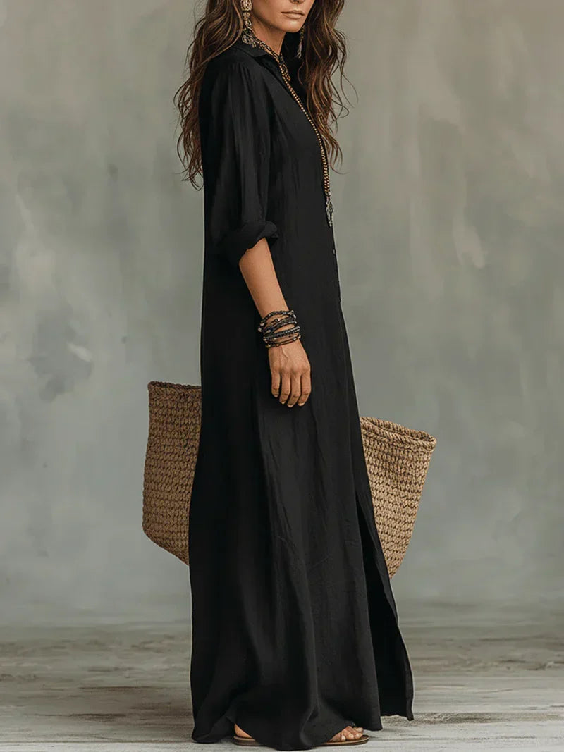 Céline™ | Robe Maxi Noire Ample à Boutons