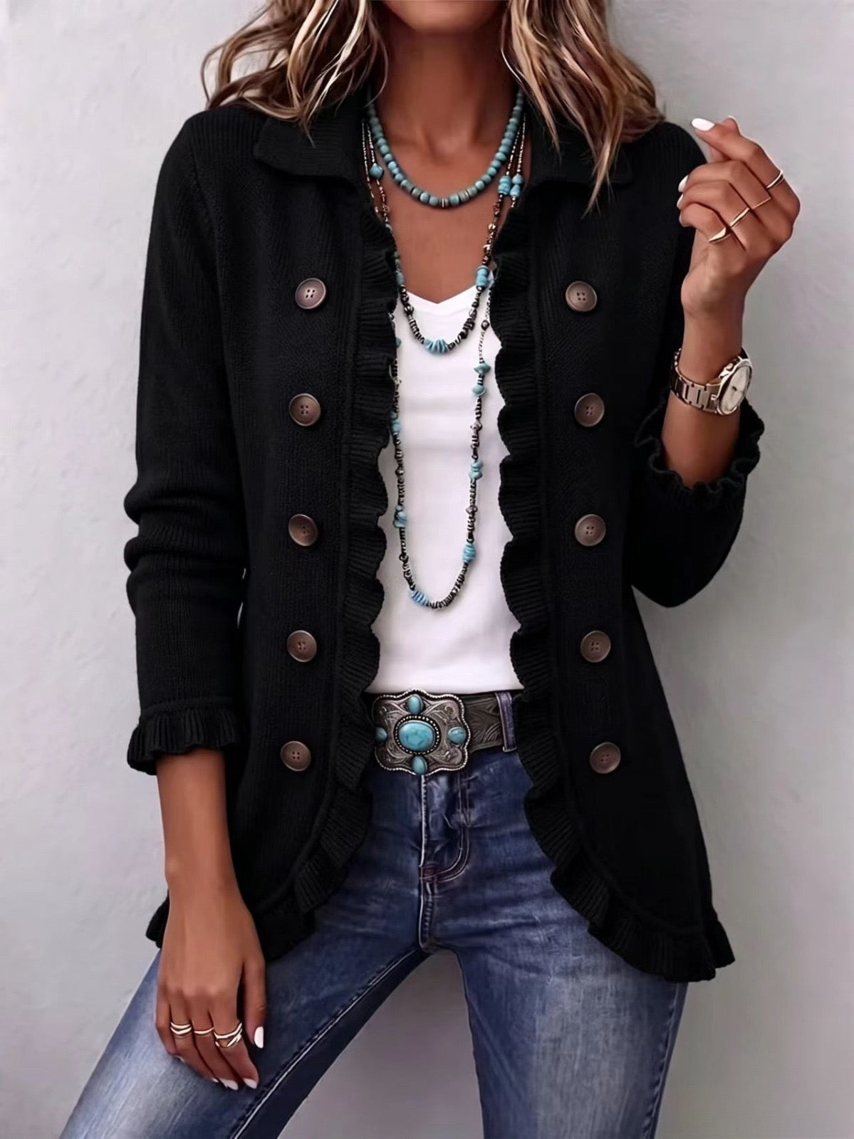 Héloïse™ | Veste en Tricot Noir avec Volants