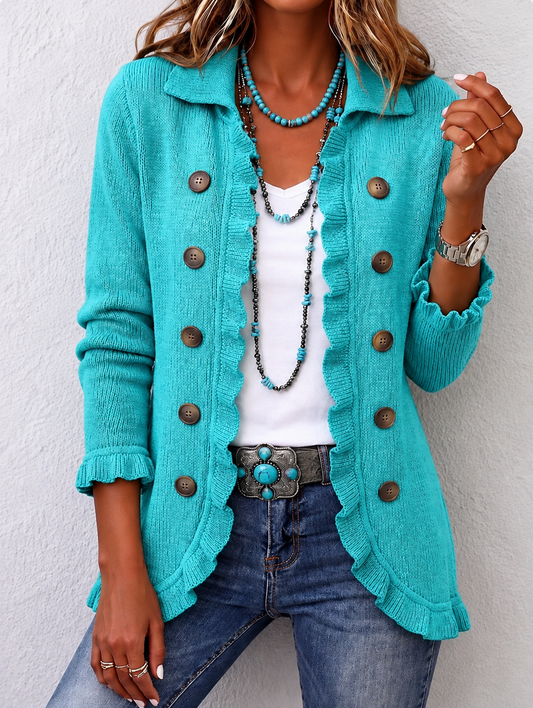Wilfrida™ | Veste en Tricot Turquoise avec Volants