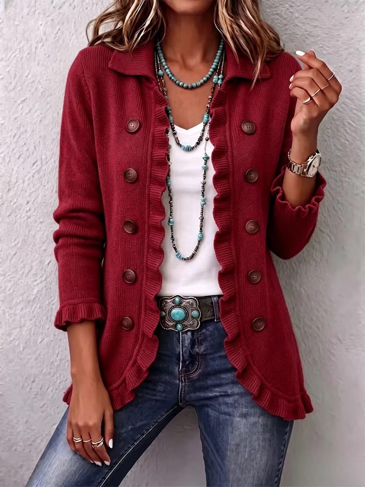 Zélie™ | Veste en Maille Rouge Rubis avec Volants