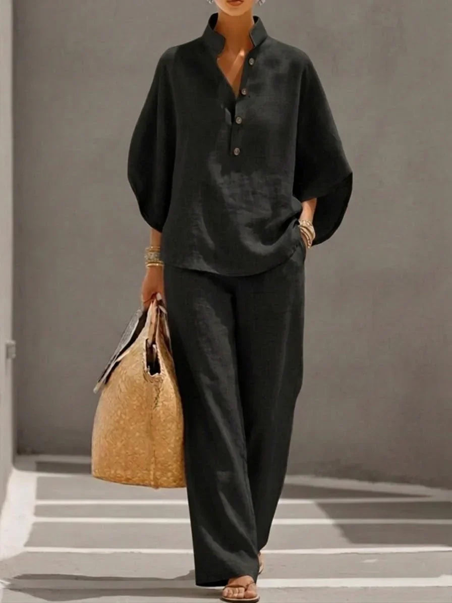 Amandine™ | Ensemble en lin avec manches chauve-souris et pantalon large
