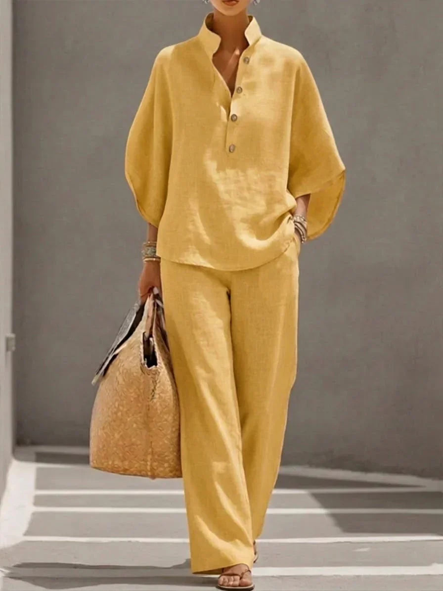 Amandine™ | Ensemble en lin avec manches chauve-souris et pantalon large