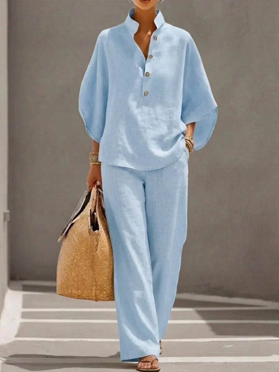 Amandine™ | Ensemble en lin avec manches chauve-souris et pantalon large
