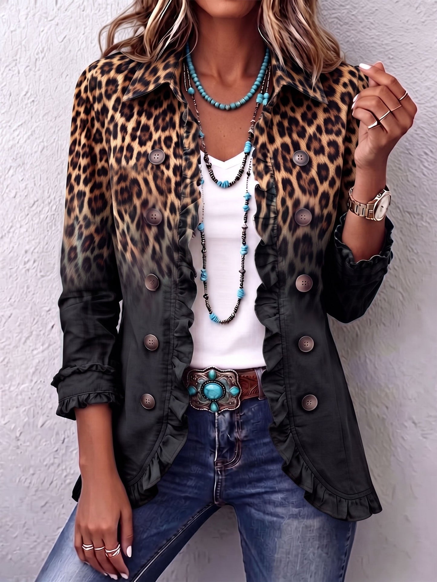 Valentine™ | Veste Blazer Léopard Noir avec Volants