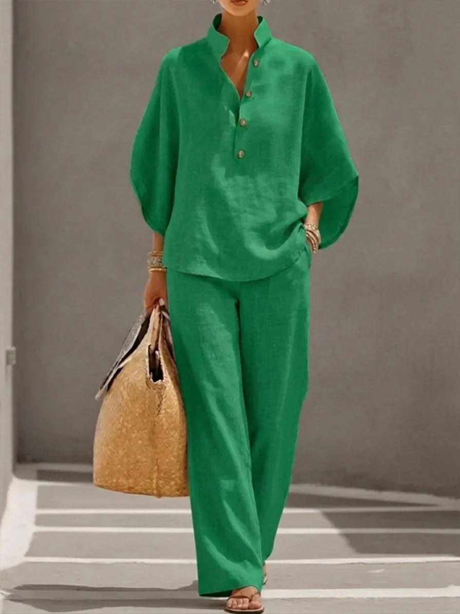 Amandine™ | Ensemble en lin avec manches chauve-souris et pantalon large